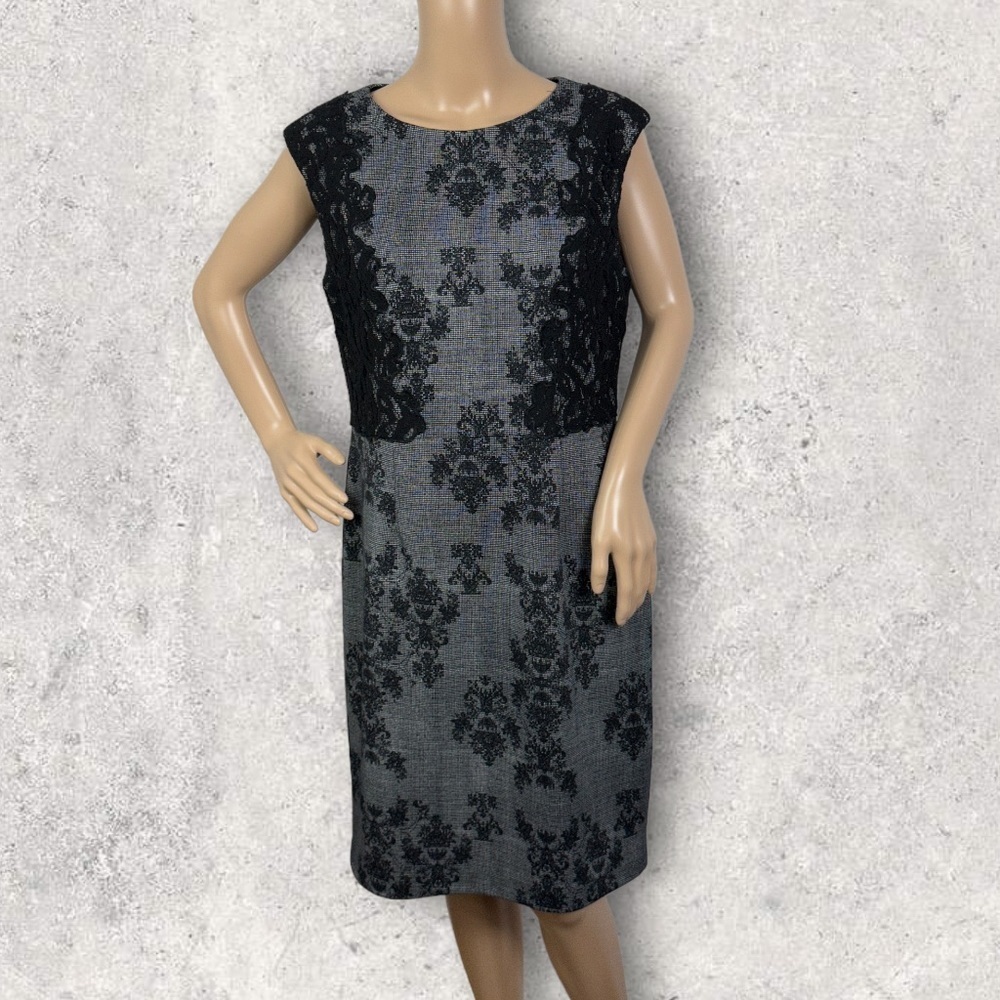Adrianna Papell Black Smoke Grey Lace Sheath Dress Size 12 Professional Floral